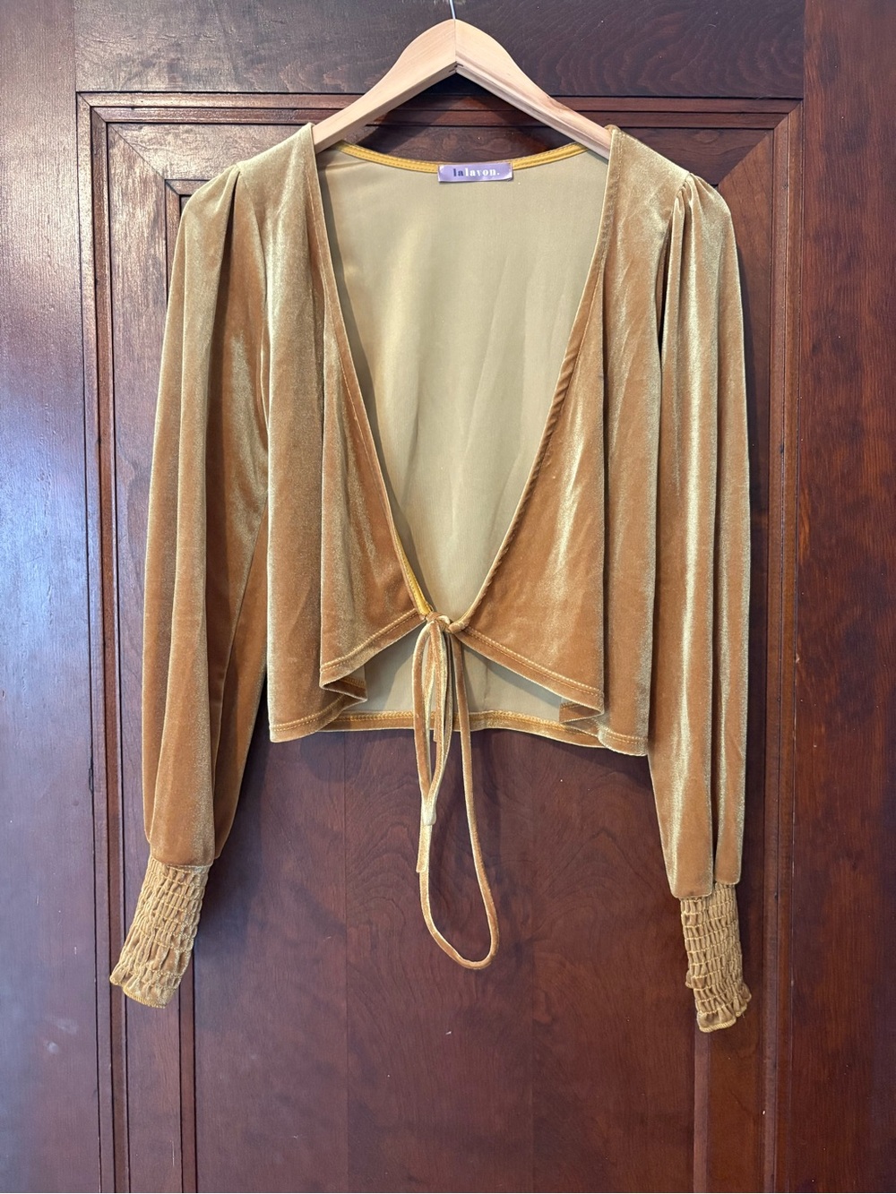 Gold Velvet Tie-Front Long-Sleeve Top